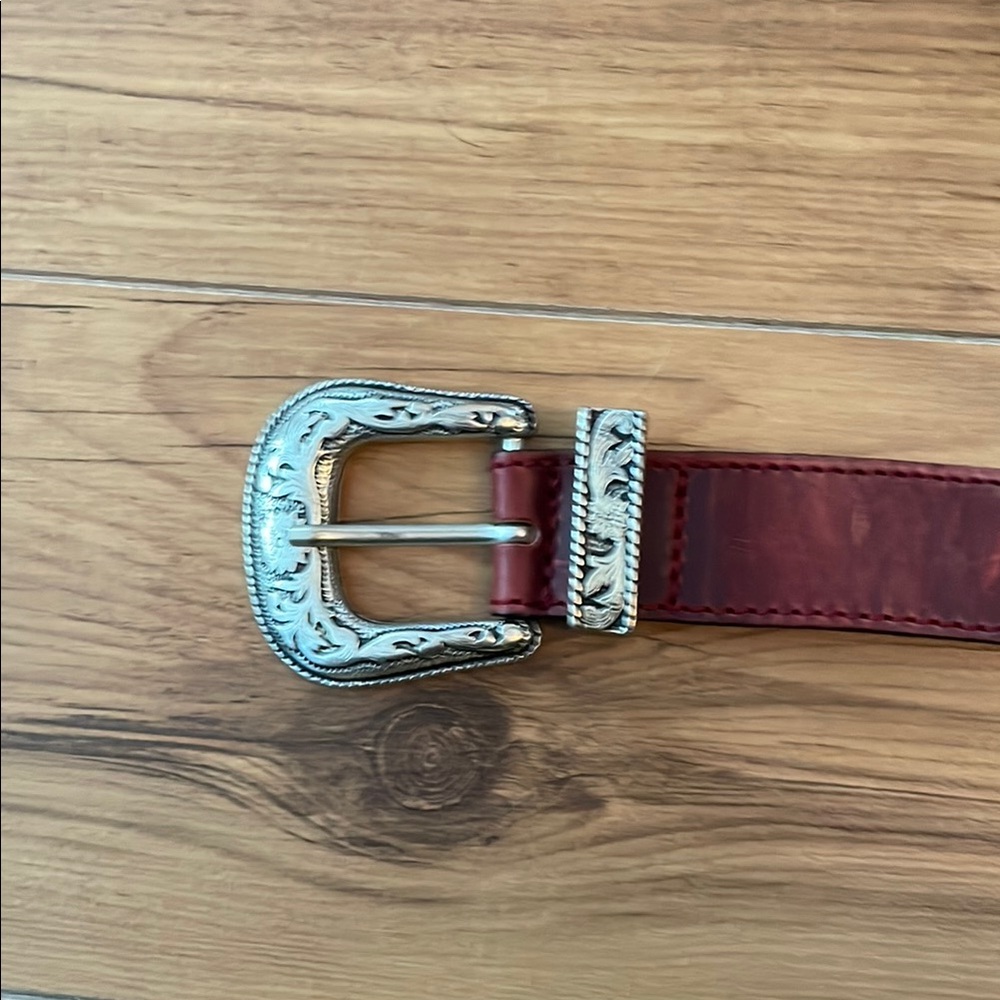 John Fluevog Burgundy and Silver Leather Western Belt with Ornate Buckle
